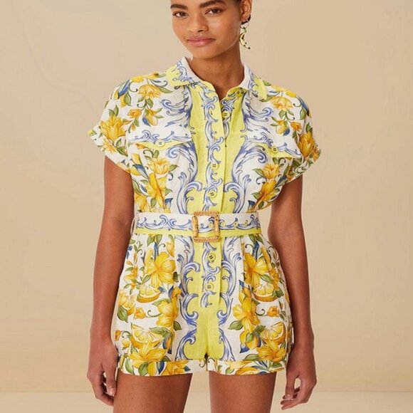 FARM Rio Pants - Farm Rio Sicily Scarf Euroflax Premium Linen Romper Short Sleeve Size XL Ivory